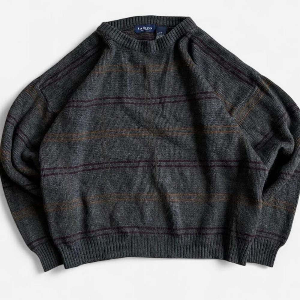 Vintage Van Heusen Dark Grey Acrylic Knit with Stripes Crewneck Sweater L